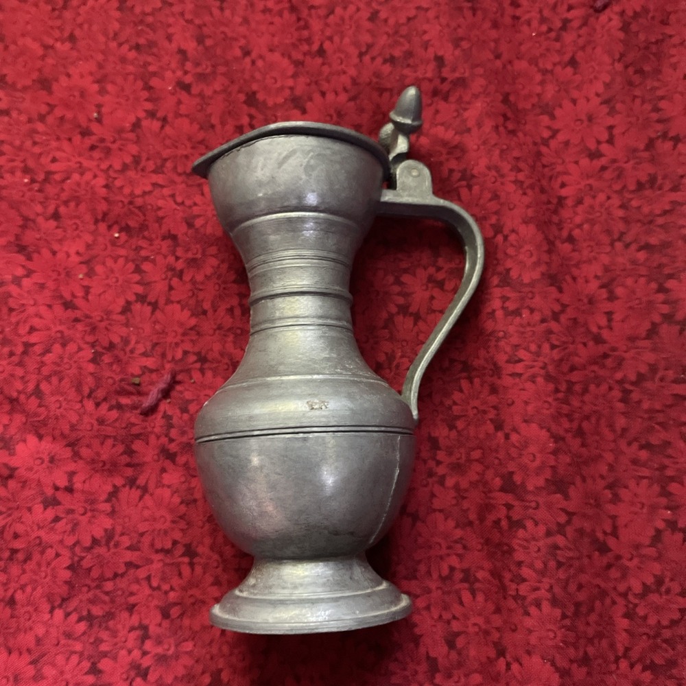 Vintage‎ German Pewter Pitcher With Lid Stamped On The Bottom Stands 5 Inches